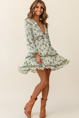 Sunny Daze Long Sleeve Tie-Knot Bust Dress Floral Print Olive