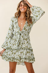 Sunny Daze Long Sleeve Tie-Knot Bust Dress Floral Print Olive