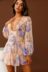 Estelle Long Sleeve V-Neckline Dress Swirl Print Nude/Purple