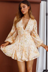 Estelle Long Sleeve V-Neckline Dress Watercolor Floral Print Peach