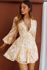 Estelle Long Sleeve V-Neckline Dress Watercolor Floral Print Peach