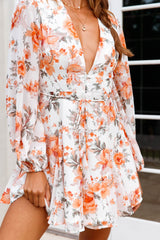 Estelle Long Sleeve V-Neckline Dress Floral Print Orange