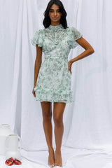 Lark High Neck Ruffle Sleeve Dress Clover Print Green