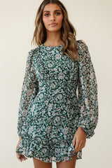 Mirabelle Long Balloon Sleeve Ruffle Hem Dress Floral Print Olive