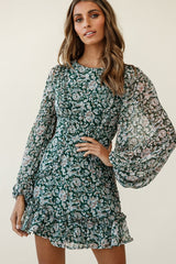 Mirabelle Long Balloon Sleeve Ruffle Hem Dress Floral Print Olive