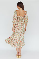 Flynn Balloon Sleeve Shirred Midi Dress Floral Green
