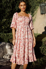 Flynn Balloon Sleeve Shirred Midi Dress Floral Pink