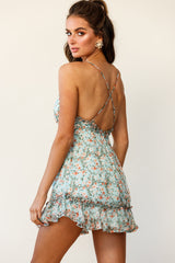 Match Maker Criss-Cross Back Frill Trim Dress Floral Print Mint Multi