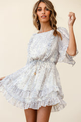 Stars Aligned Angel Sleeve Drawstring Waist Dress Star Print Grey