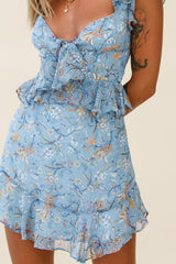 Say That Again Bust Tie Ruffle Trim Dress Floral Print Blue