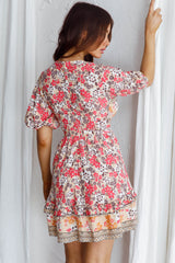 Rosy Tied Bust Mini Dress Floral Beige/Red