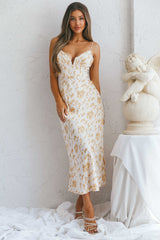 Lake Como Fitted Bodice Cami Strap Midi Dress Painted Floral Print Beige