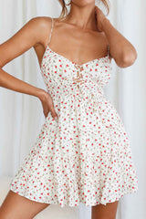 Josephina Lace-Up Front Cami Strap Mini Dress Floral Print White