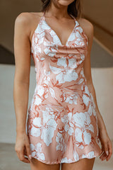 Champagne Showers Halterneck Slip Mini Dress Hibiscus Print Peach