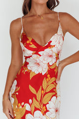 Infinity Pintuck Bust Midi Dress Flower Red