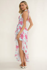 Nerida Waist Tie Asymmetric Dress Floral Ice Blue