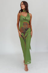 No Surprises Scarfed Floral Maxi Dress Green
