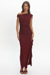 Moonlit Magic Asymmetric Neckline Slit Maxi Dress Wine