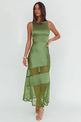 Helsi Low Back Lace Insert Maxi Dress Forest Green
