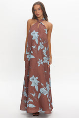 Cheer Backless Halter Maxi Dress Print Floral Chocolate