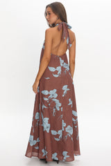 Cheer Backless Halter Maxi Dress Print Floral Chocolate