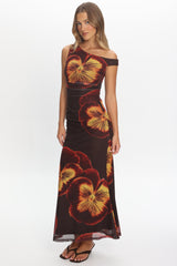 Gala Asymmetric Neckline Maxi Dress Floral Brown