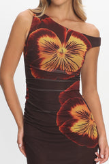 Gala Asymmetric Neckline Maxi Dress Floral Brown