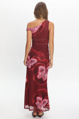 Gala Asymmetric Neckline Maxi Dress Floral Wine