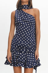 Truett One-Shoulder Sash Mini Dress Polka Dot Navy