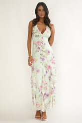 Elenya Strappy Back Ruffle Trim Maxi Dress Mint Floral
