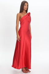 Star Fall One-Shoulder Rosette Maxi Dress Red