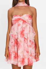 Spirit Reverse Halter Ruffle Mini Dress Floral Pink