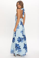 Lioren Plunging Halterneck Maxi Dress Floral Blue