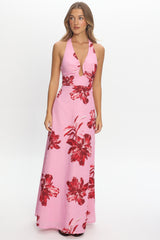 Lioren Plunging Halterneck Maxi Dress Floral Pink