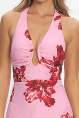 Lioren Plunging Halterneck Maxi Dress Floral Pink