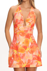 Lioren Plunging Halterneck Mini Dress Floral Orange