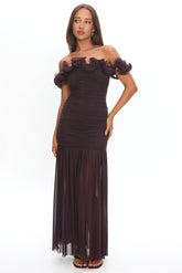 Bluebell Off-Shoulder Ruched Maxi Dress Chocolate