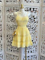 Tiered Yellow Lace Mini Dress- Slightly Stretchy,Estira Poco