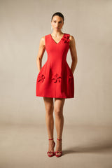 Bertina Floral Applique V-Neck Mini Dress