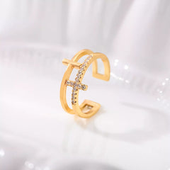 18K Gold-Plated Rhinestone Cross Open Ring