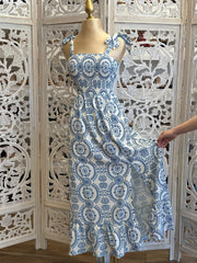 Bow Tie Strap Patterned Maxi Dress- Stretchy