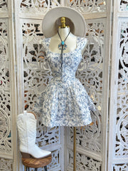 Blue Print Corset Dress- Slightly Stretchy, Estira Poco