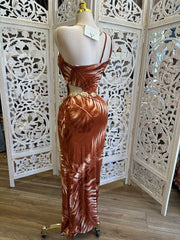 Brown Palm Leaves Dress- Estira, Stretchy