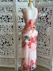 Paintbrush Pink Floral Midi Dress- Not Stretchy, No Estira
