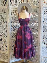 Dark Purple Floral Fit and Flare Dress- Not Stretchy, No Estira