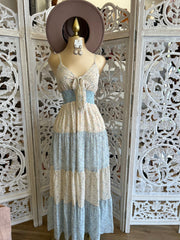 Bow Light Blue Multi Color Floral Maxi Dress- Not Stretchy