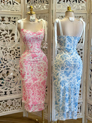 Ribbon Strap Floral Midi Fitted Dress - Estira, Stretchy