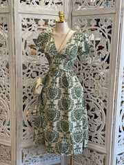 Green Pattern Midi Dress- Slightly Stretchy, Estira Poco