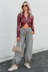 Dreamboat Babe Ribbed Zip-Up Top (Wine)