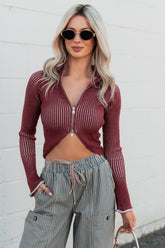 Dreamboat Babe Ribbed Zip-Up Top (Wine)
